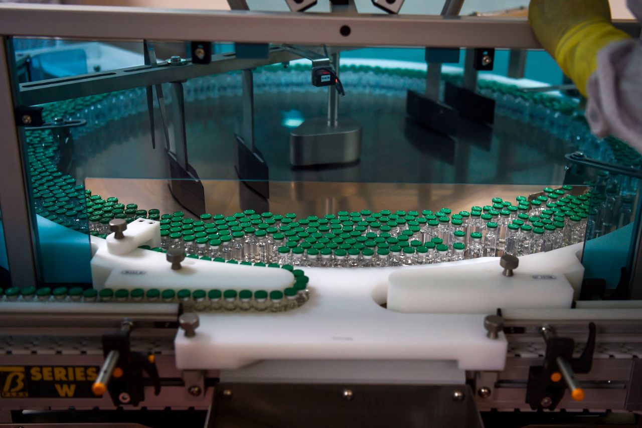 An assembly line for manufacturing vials of Covishield, AstraZeneca-Oxford's Covid-19 coronavirus vaccine is pictured at India's Serum Institute in Pune, India, on January 22.