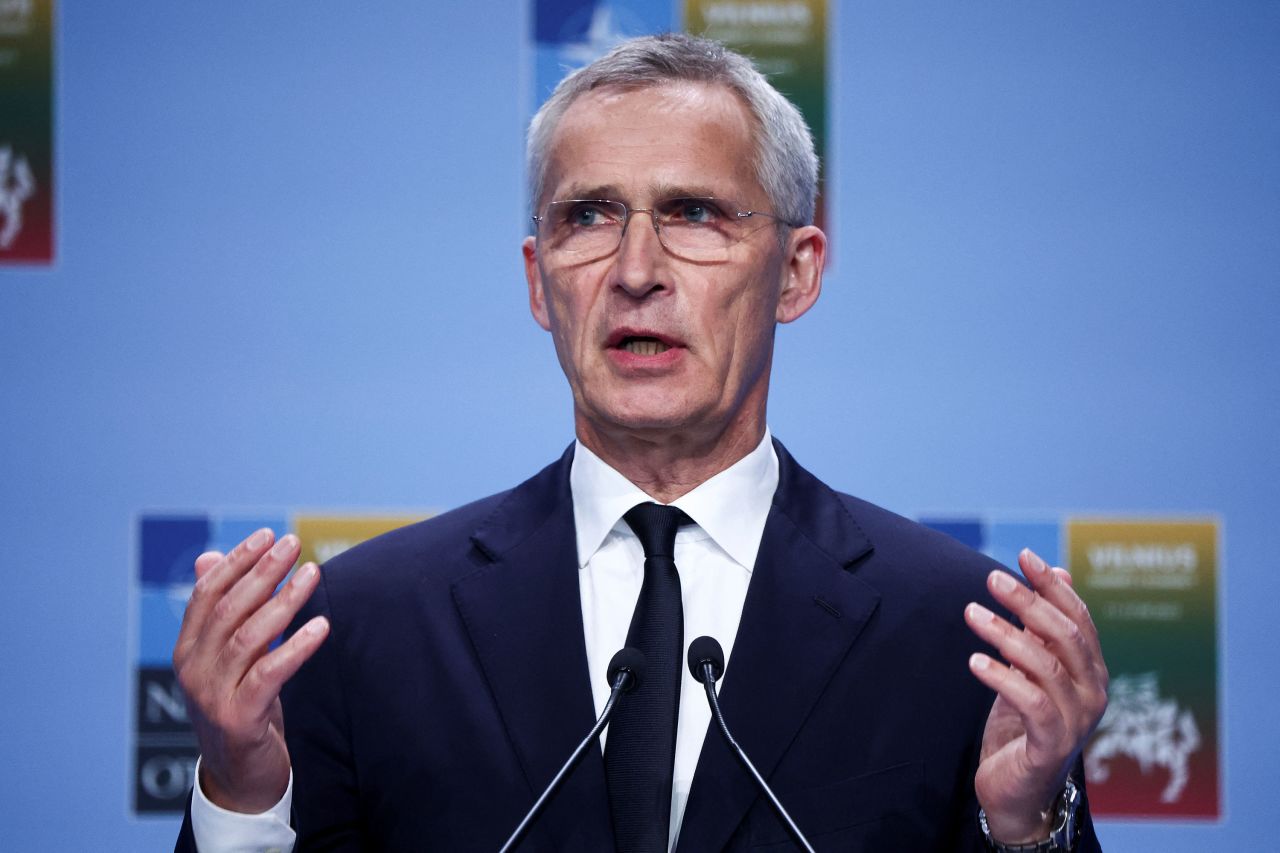 NATO Secretary-General Jens Stoltenberg speaks during a press conference in Vilnius, Lithuania, on July 12.