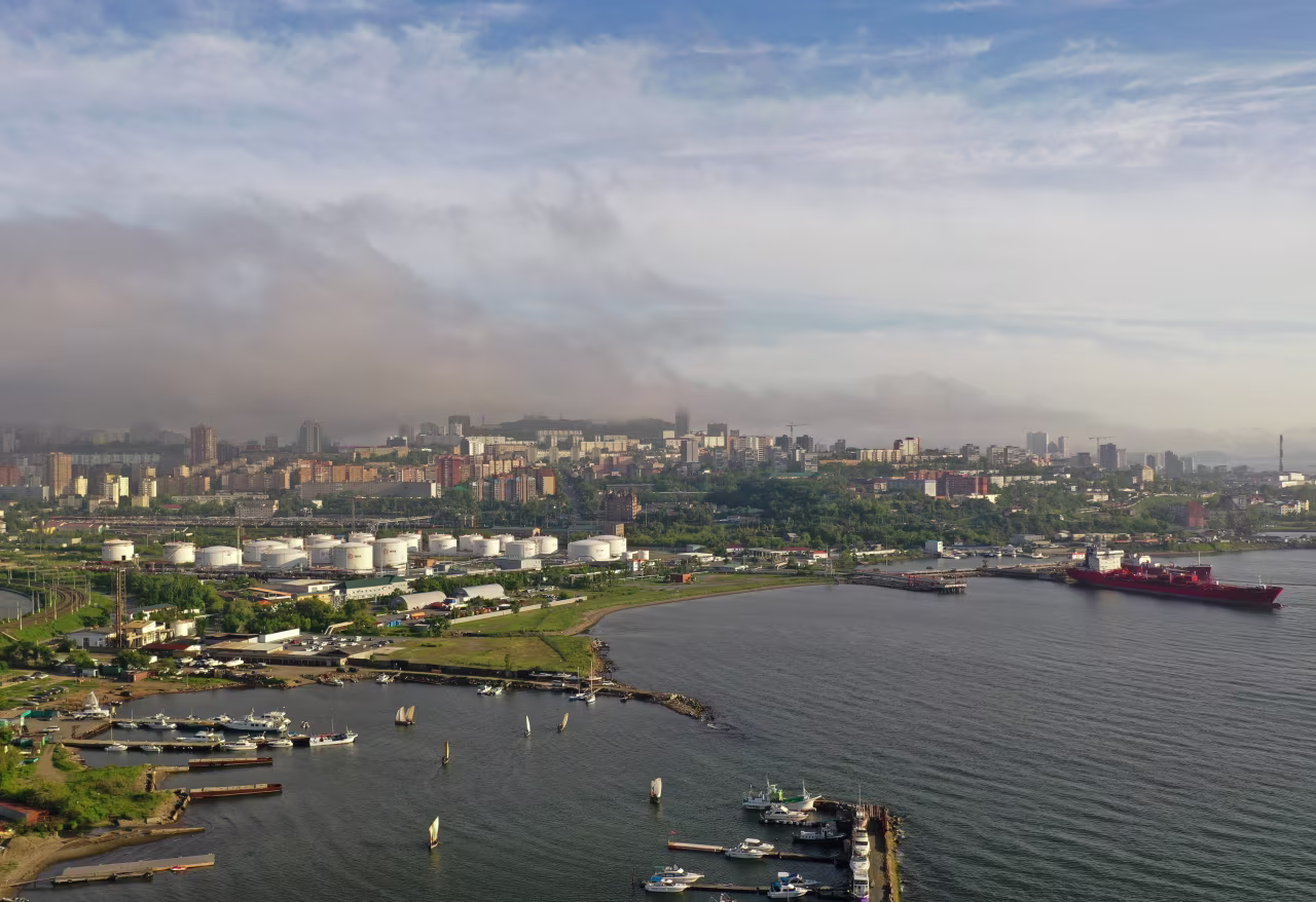 Oil tanks at the NNK-Primornefteproduct petroleum depot in the far eastern port of Vladivostok, Russia are seen in this drone photograph June 11, 2022. 