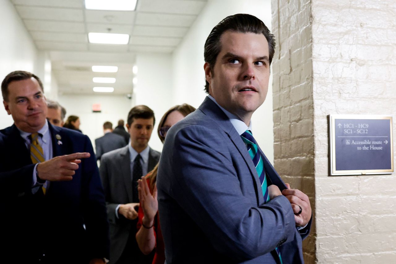 Rep. Matt Gaetz departs from a meeting with House Republicans at the Capitol Building on October 19, in Washington, DC.?