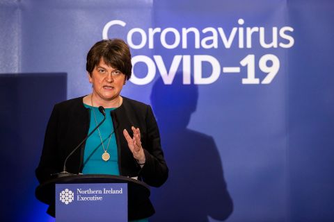 First Minister Arlene Foster at the Northern Ireland Executives daily press update on the response to the Covid-19 crisis in the Long Gallery, Parliament Buildings, Stormont, Belfast, on March 25.
