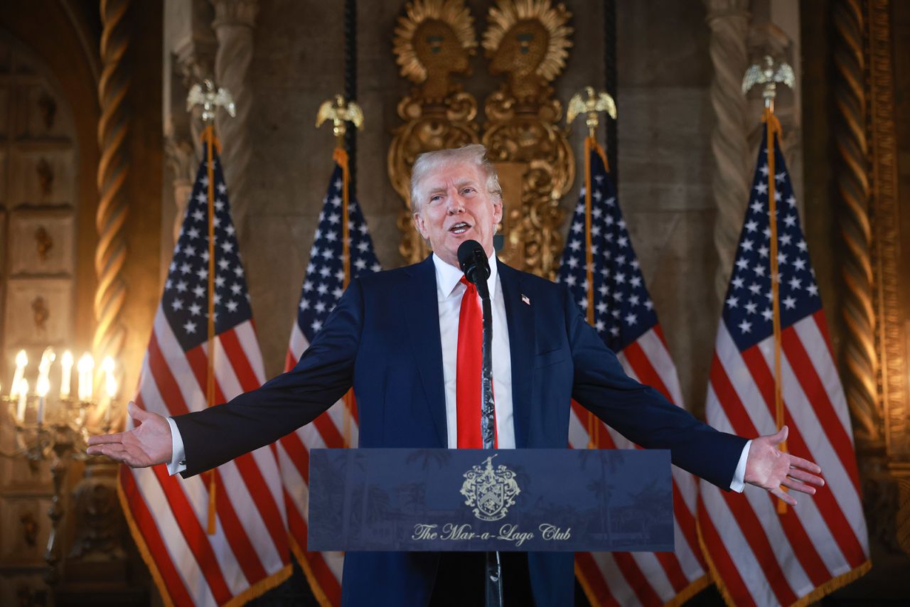 Republican presidential candidate former President Donald Trump speaks during a press conference at his Mar-a-Lago estate  in Palm Beach, Florida on August 08.