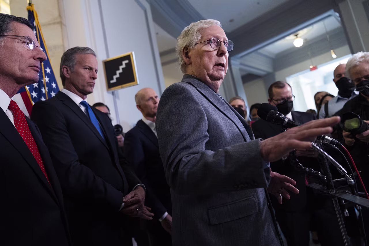 Senate Minority Leader Mitch McConnell during a news conference on February 15, in Washington. 
