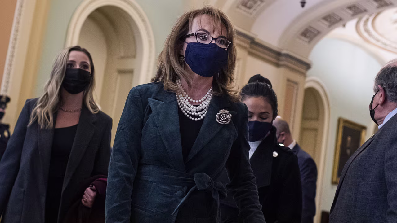 Former Rep. Gabrielle Giffords is seen before her husband Sen. Mark Kelly was sworn into Senate in the Capitol on Wednesday, December 2, 2020. 