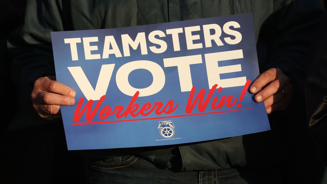 In this November 2022 photo, union workers attend a rally hosted by the Teamsters in Madison, Wisconsin. 