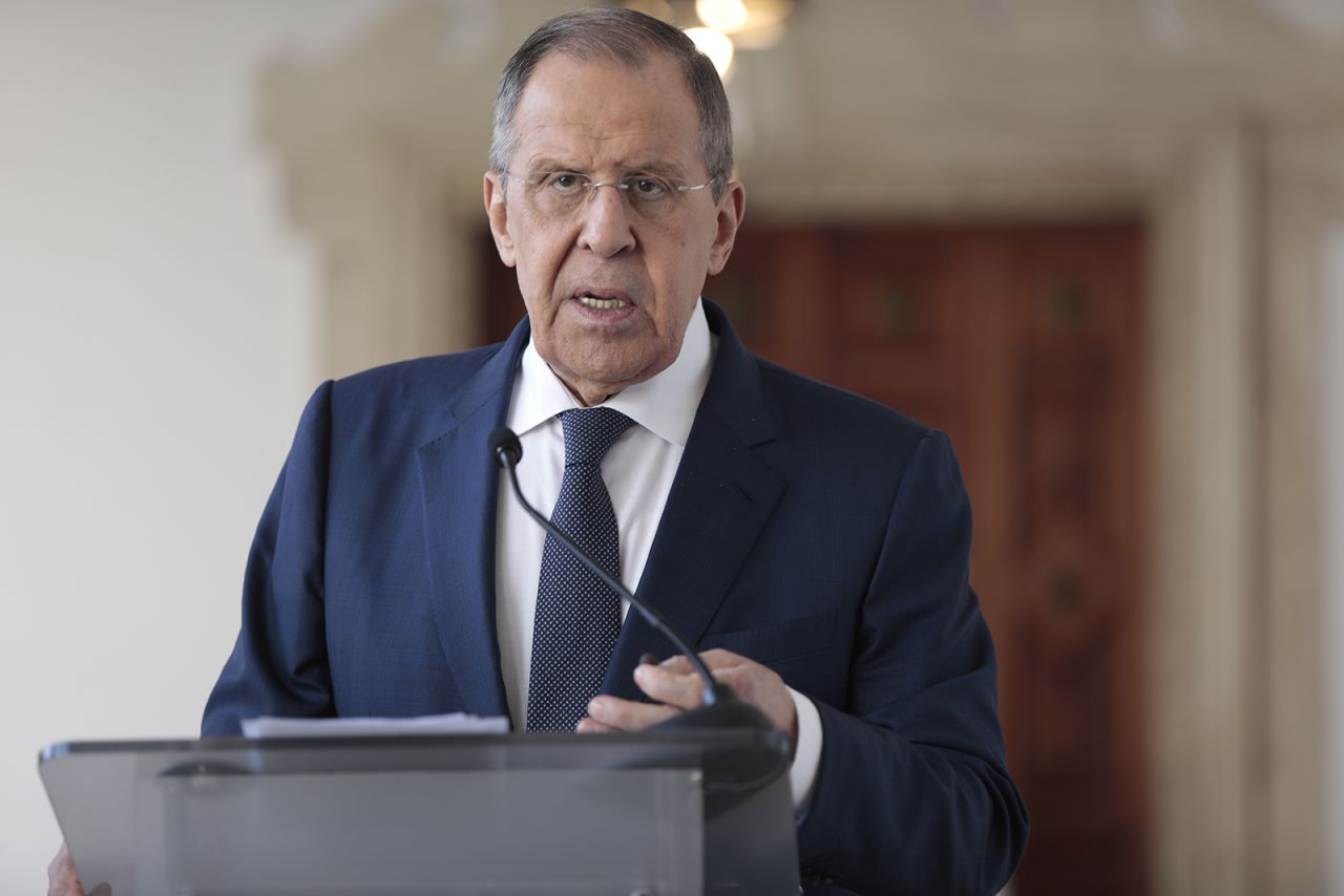 Sergei Lavrov speaks during a conference in Caracas, Venezuela on April 18.