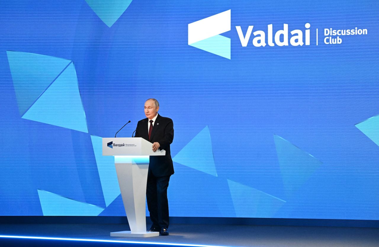 Vladimir?Putin?delivers a speech at the Valdai Discussion Club in Sochi, Russia, on Thursday.