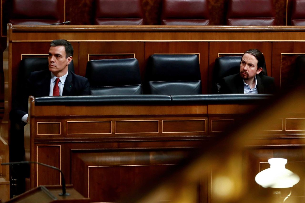 Second deputy Spanish Prime Minister Pablo Iglesias, right, attends a legislative session alongside Spanish Prime Minister Pedro Sanchez in Madrid, Spain, on March 25.