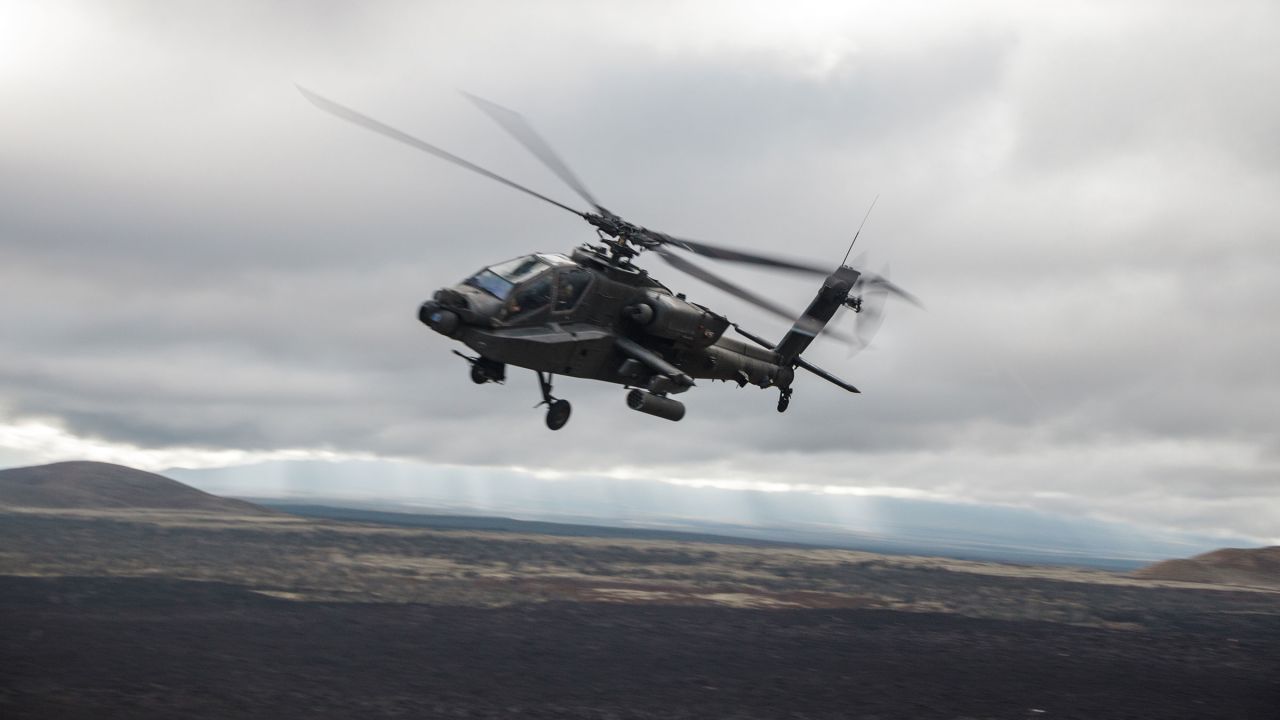This photo from the US Marine Corps shows a US Army AH-64 Apache attack helicopter at Pohakuloa Training Area in Hawaii on February 1.