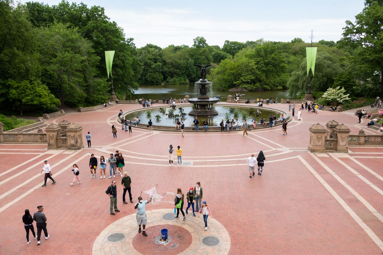 People visit Bethesda Terrace in Central Park on Friday, May 28, in New York City.