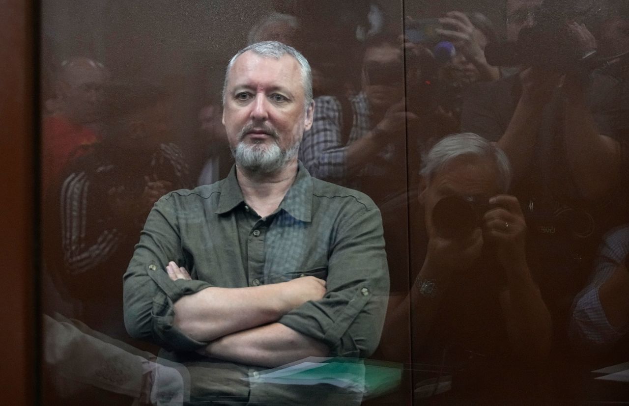 Igor Girkin sits in a glass cage in a courtroom in Moscow's Meshchansky District Court on July 21. 