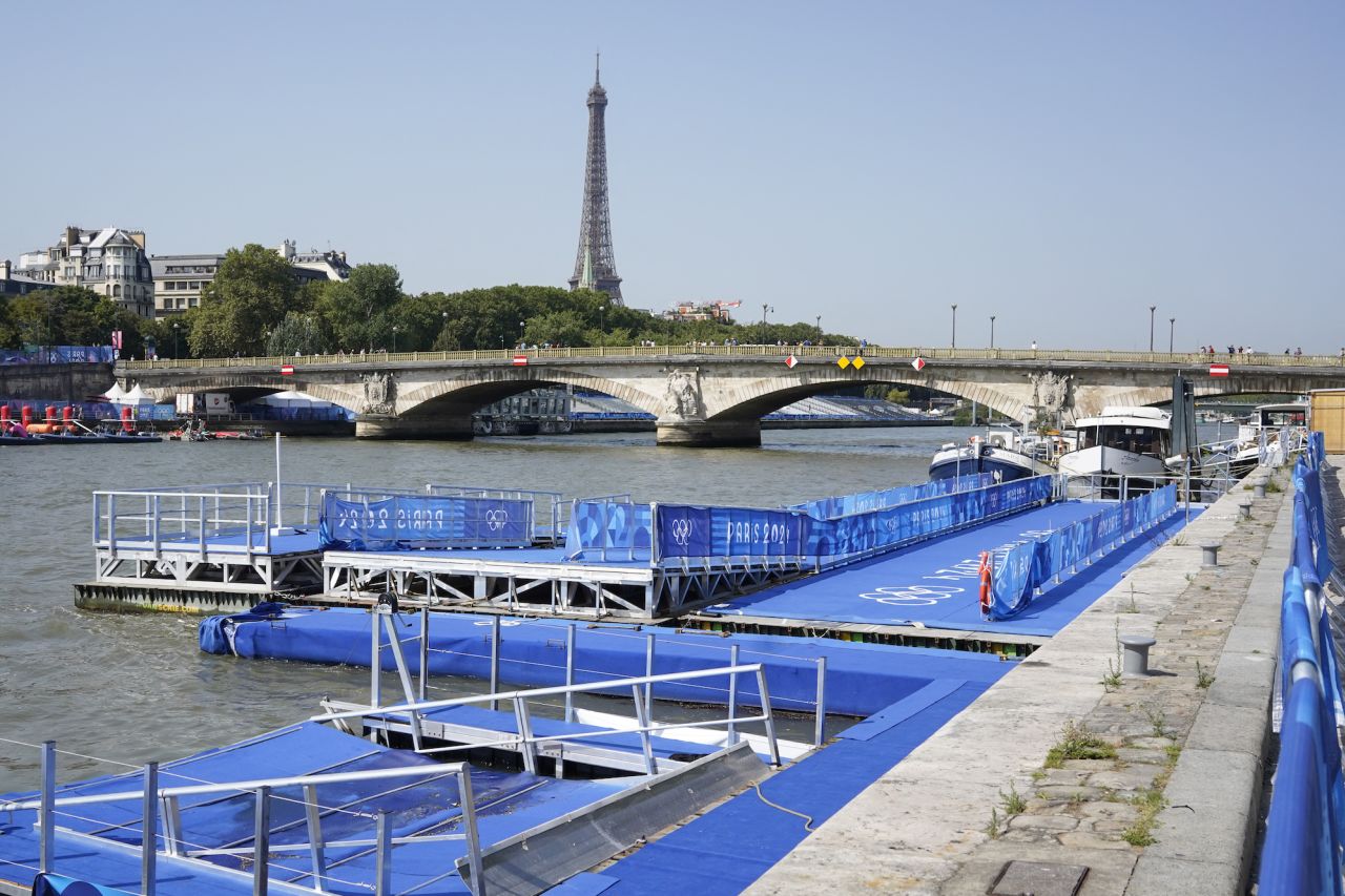 Facilities for the triathlon event are seen on the Seine on Tuesday.