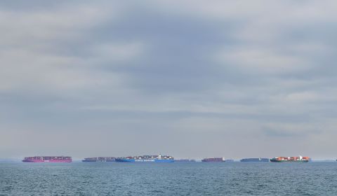 Cargo ships filled with containers wait offshore for entry to the Port of Los Angeles on October 6, 2021 in Los Angeles, California as supply chain disruptions continue to affect the US economy.