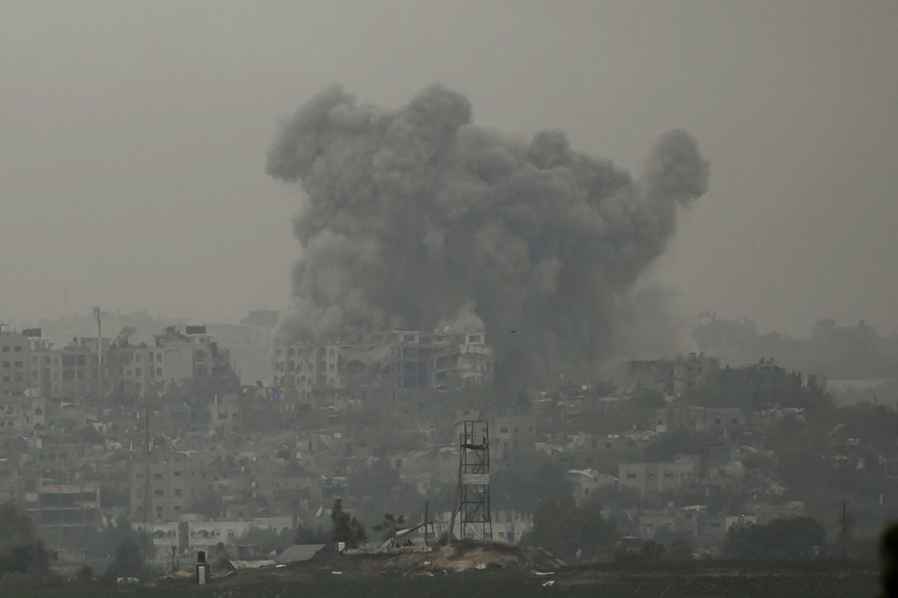 Smoke is seen over Beit Hanoun in Gaza from the Israel-Gaza border on October 27, in Sderot, Israel.