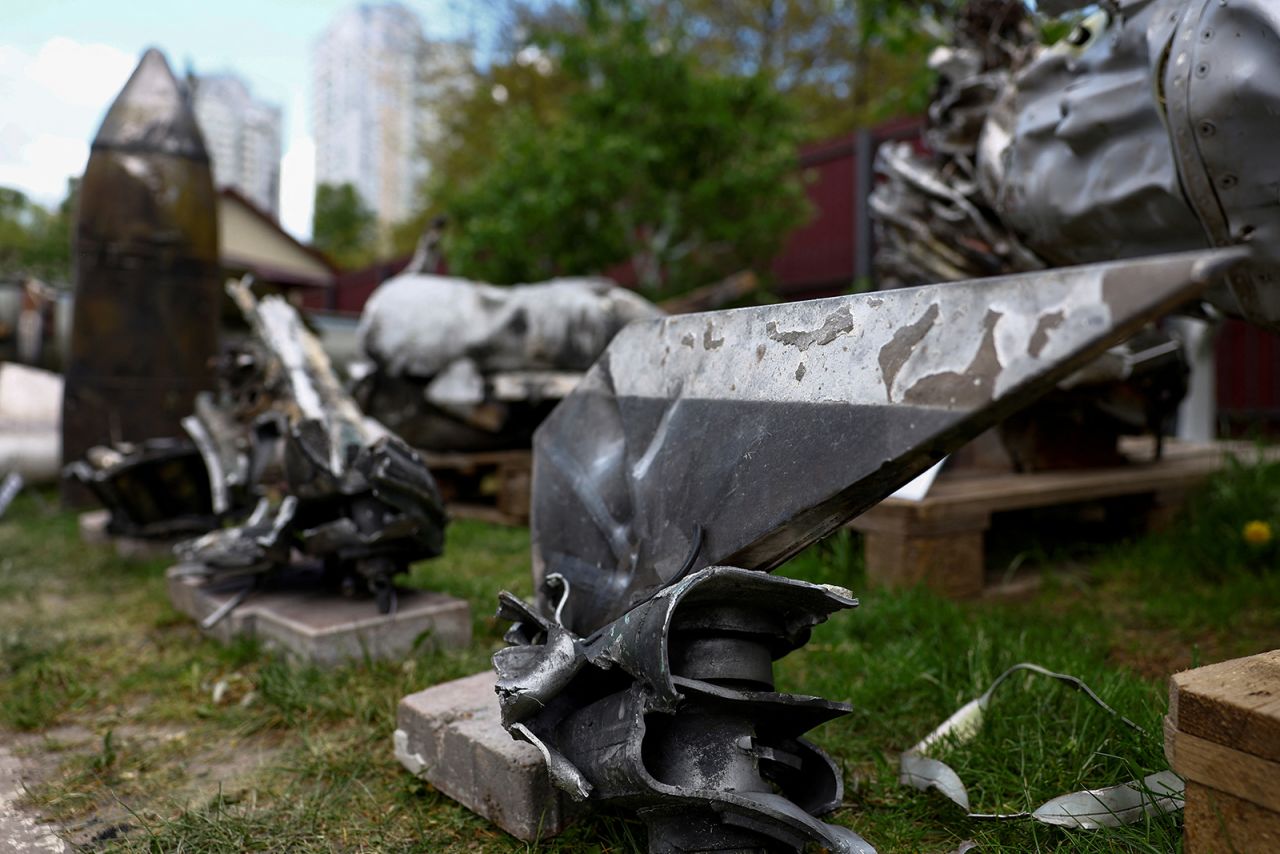 Parts of a Kh-47 Kinzhal Russian hypersonic missile, shot down by a Ukrainian Air Defence unit are seen at a compound of the Scientific Research Institute in Kyiv, Ukraine on May 12.