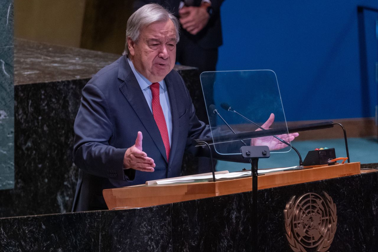 UN Secretary General Antonio Guterres addresses the United Nations General Assembly on Tuesday.