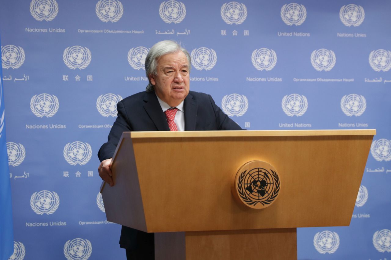 António Guterres speaks to reporters on recent developments in Israel and Gaza at the United Nations Headquarters in New York City on November 6.