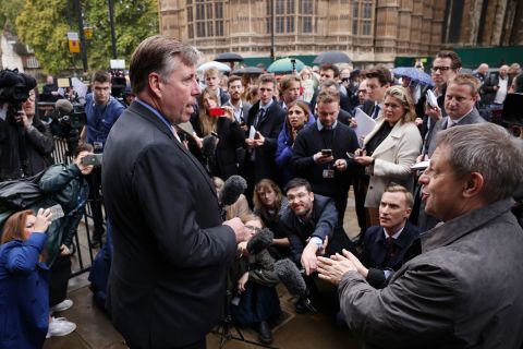 Chairman of the 1922 Committee, Sir Graham Brady, speaks to the press following the resignation of Liz Truss as Prime Minister on October 20.