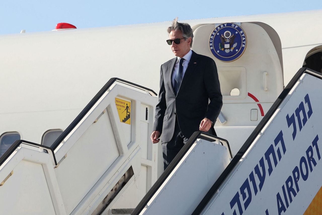 Antony Blinken disembarks his aircraft as he arrives at Ben Gurion airport near Tel Aviv on Monday