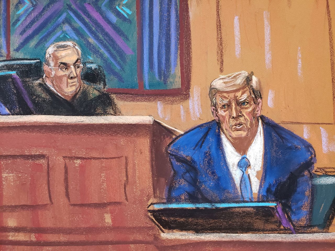 Donald Trump testifies on January 25, in this courtroom sketch. 