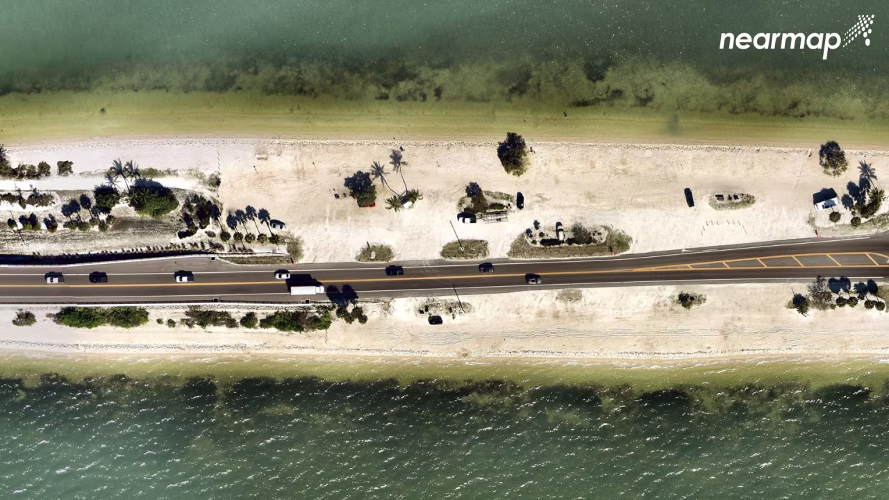 An aerial view of the Sanibel Causeway in Florida, before Hurricane Ian.