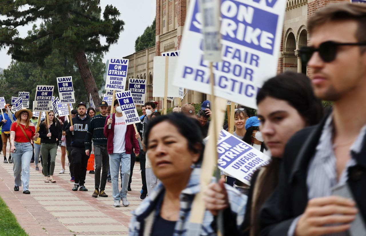 UCLA academic workers from United Auto Workers Local 4811 picket on the first day of their strike on May 28, 2024 in Los Angeles, California. 