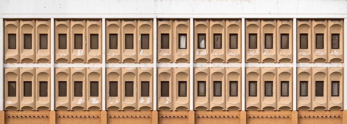 Many of the buildings on Airport Road in Abu Dhabi date back to the 1970s and '80s, and feature Arabian arches and repeating, symmetrical geometries.