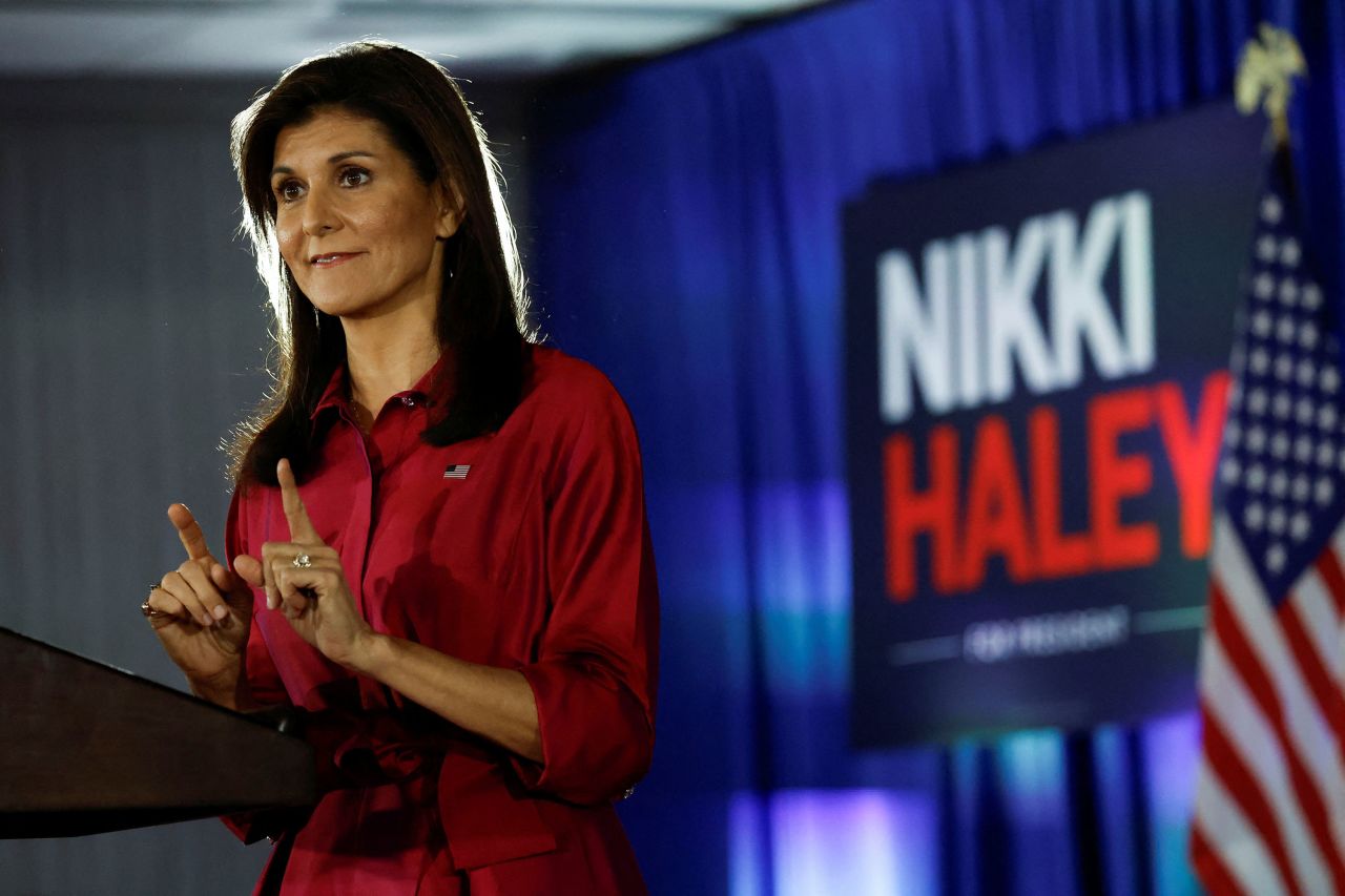 Nikki Haley speaks to the crowd in West Des Moines, Iowa, on Monday night.