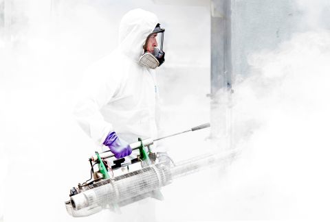 A municipal employee takes part in a disinfection operation against Covid-19 in San Jose, Costa Rica on July 2.