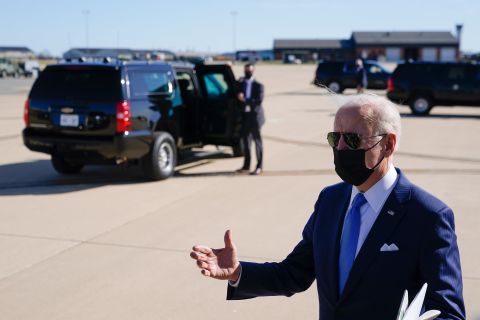 President Joe Biden speaks with members of the press at Delaware Air National Guard Base in New Castle, Delaware, on March 26.