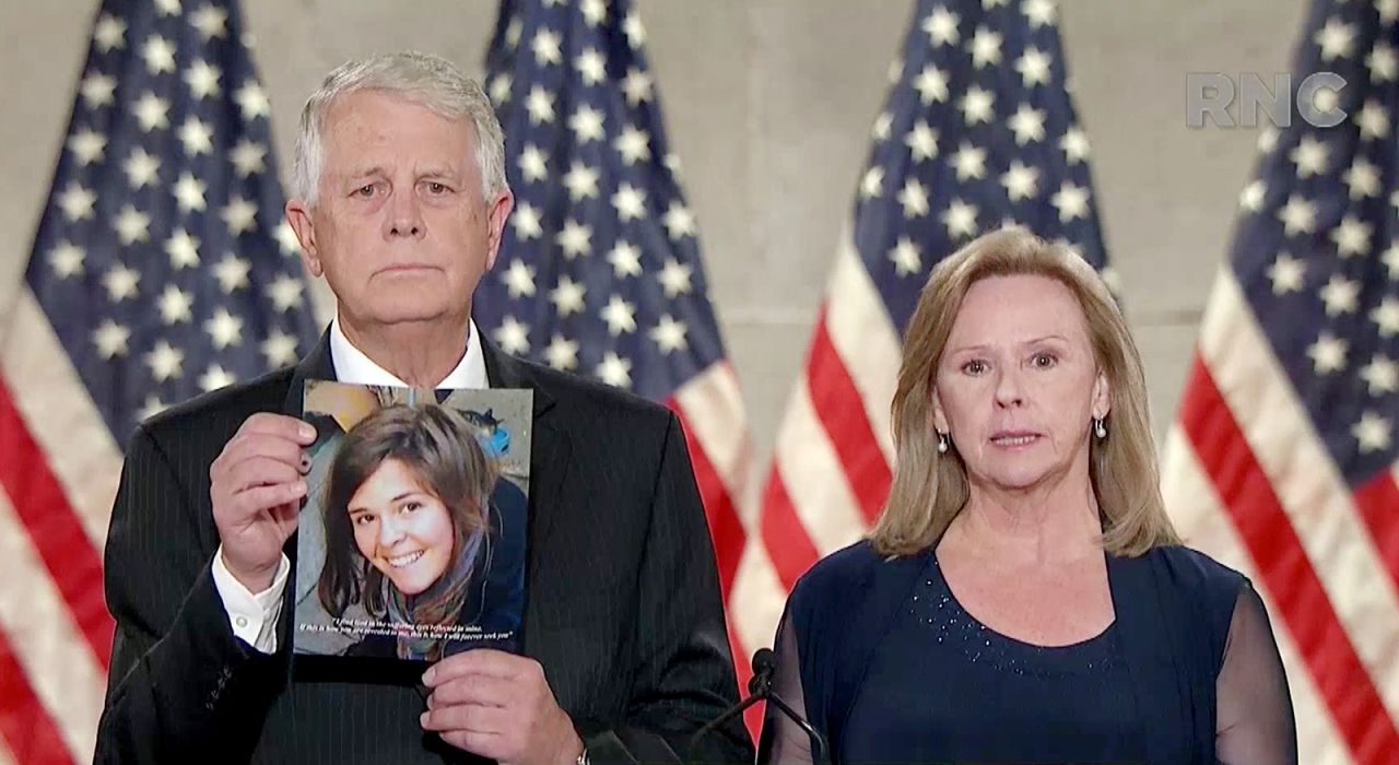 In this screenshot from the RNC’s livestream of the 2020 Republican National Convention, Carl and Marsha Mueller, parents of humanitarian worker Kayla Mueller who was killed by ISIS, address the virtual convention on August 27.