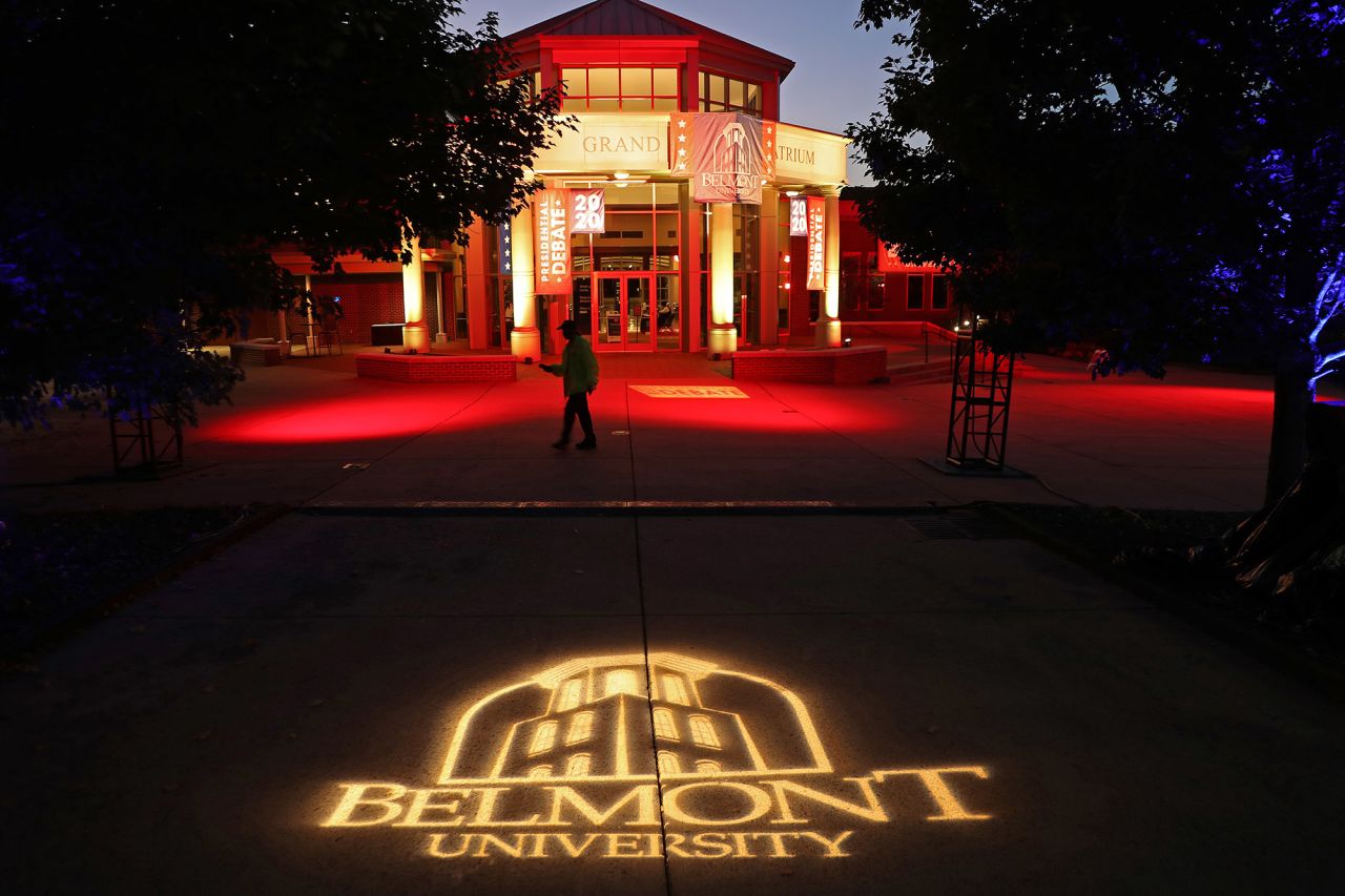 The Curb Event Center is lit in red and white lights two days before the second presidential debate October 20 in Nashville. 