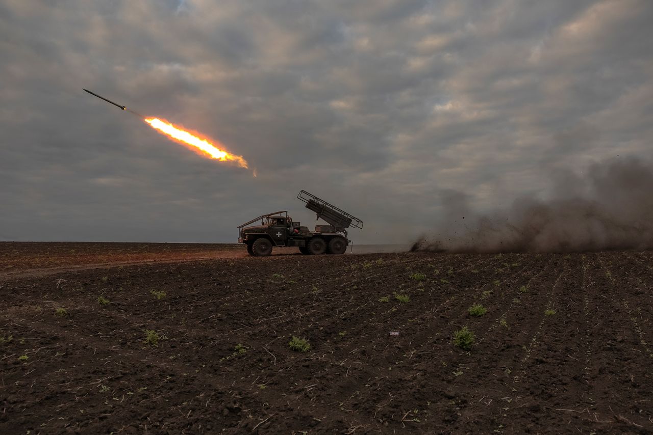Ukrainian troops fire a rocket toward Russian positions in the Kharkiv region on May 15.
