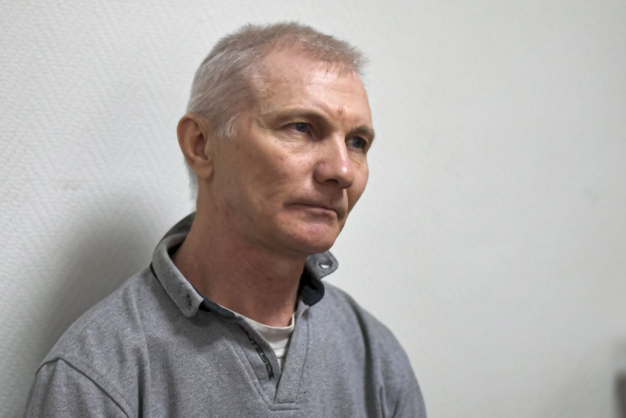 Alexey Moskalyov sits in a courtroom in Yefremov, Tula region, Russia, on March 27.