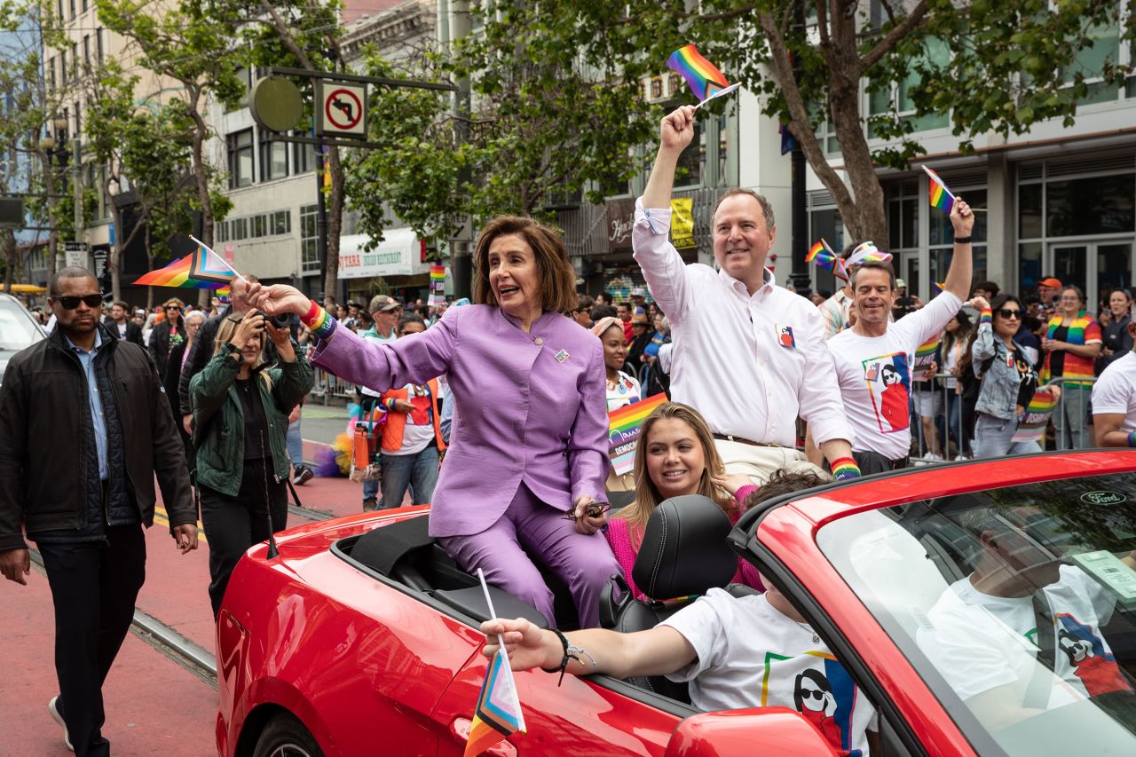 Rep. Nancy Pelosi and Rep. Adam Schiff ride during the 53rd Annual San Francisco Pride Parade and Celebration at San Francisco Civic Center on June 25, 2023 in San Francisco.