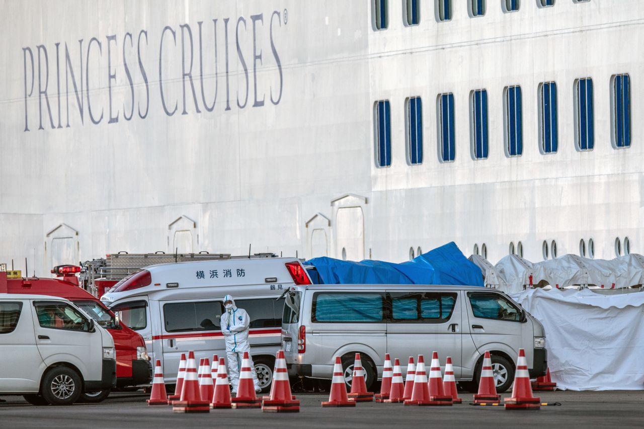 Emergency services workers by the Diamond Princess cruise ship in Yokohama, Japan. 