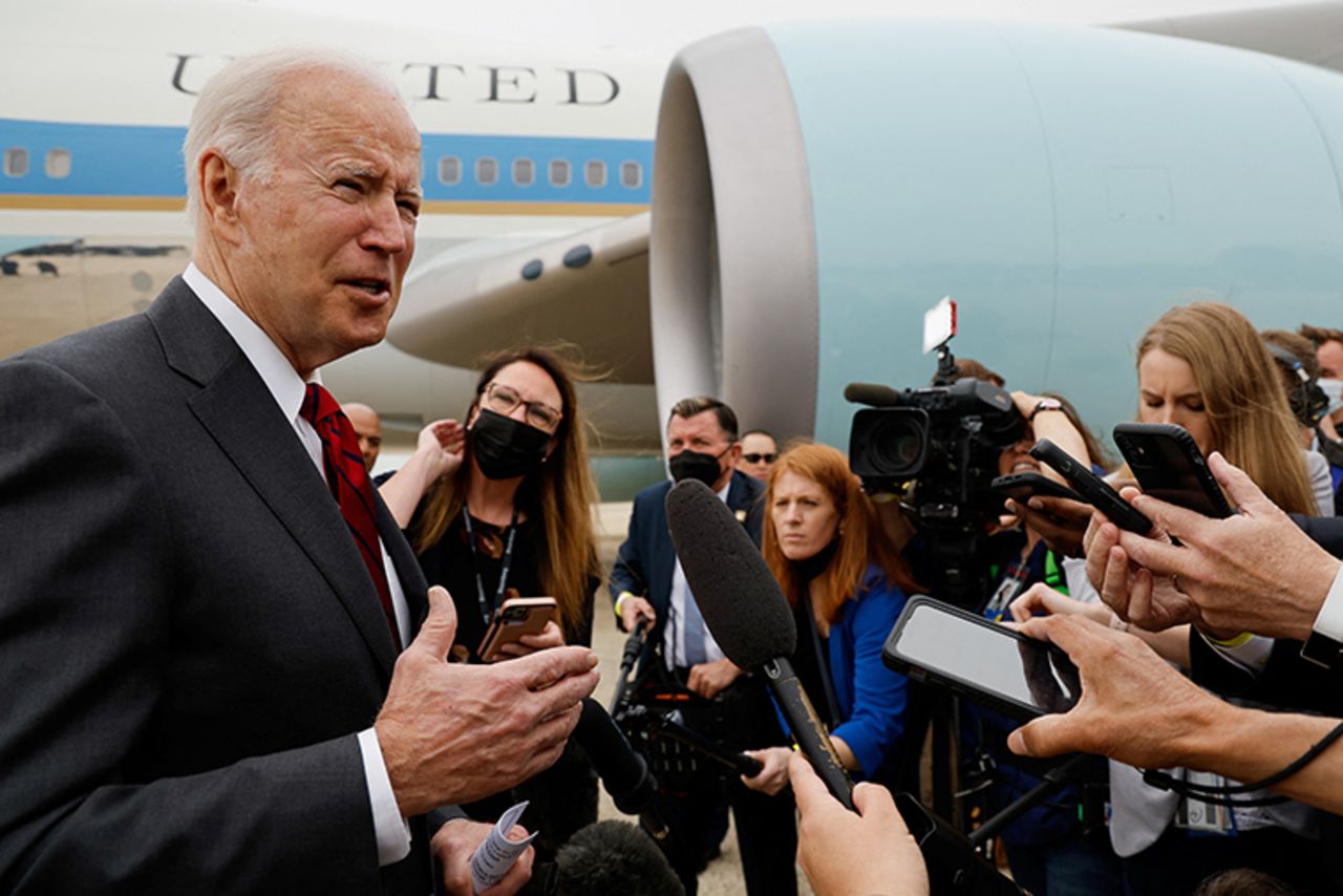 U.S. President Joe?Biden?speaks to the media before boarding Air Force One for travel to Alabama from Joint Base Andrews, Maryland, on Tuesday, May 3. 