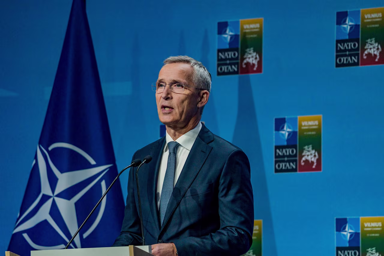 NATO Secretary General Jens Stoltenberg answers questions during a press conference on July 10.