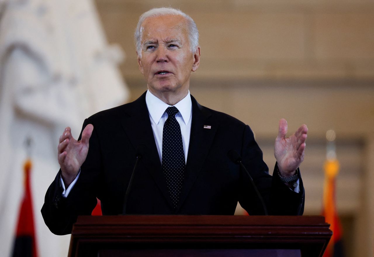 US President Joe Biden delivers remarks on antisemitism at the US Capitol on May 7.