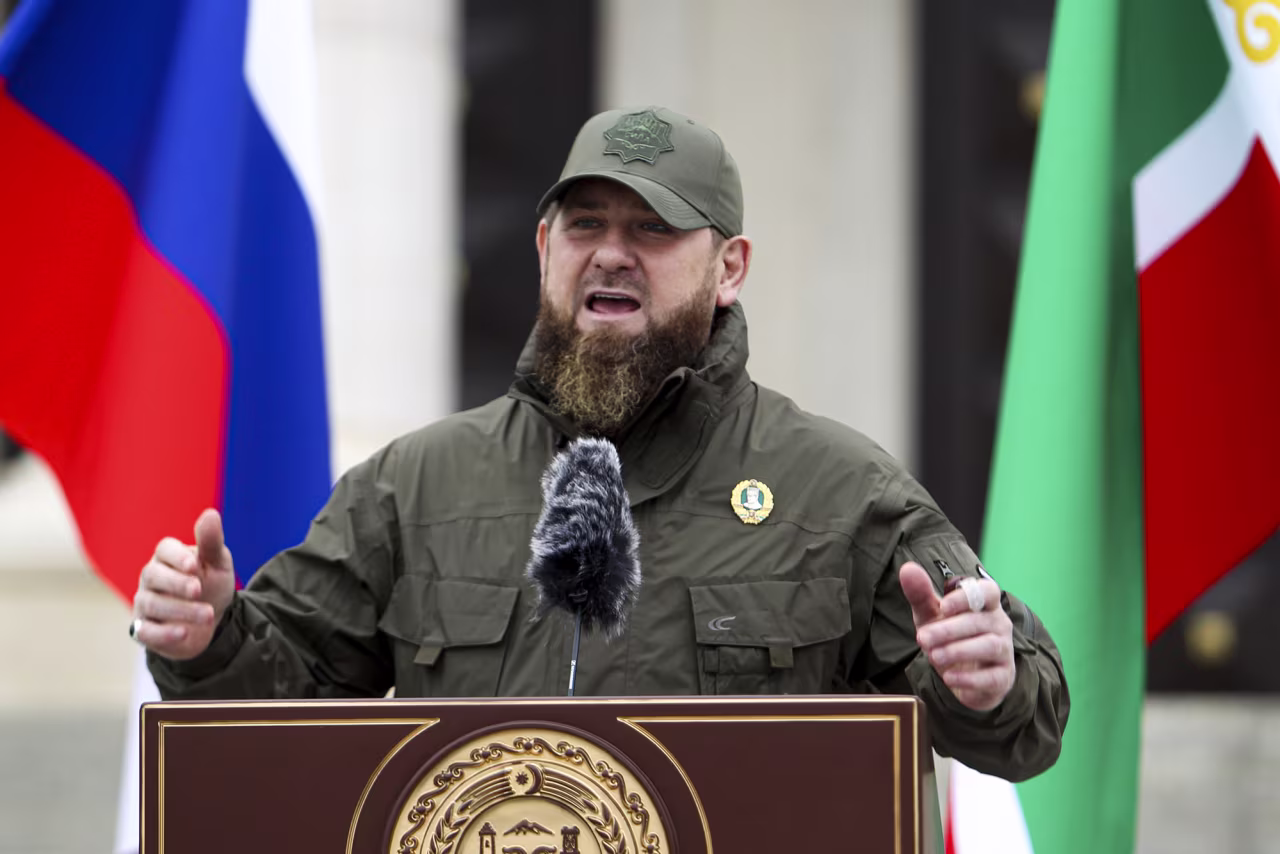 Chechnya's regional leader Ramzan Kadyrov addresses servicemen attending a review of the Chechen Republic's troops and military hardware in Grozny, Chechen Republic, on February 25, 2022.
