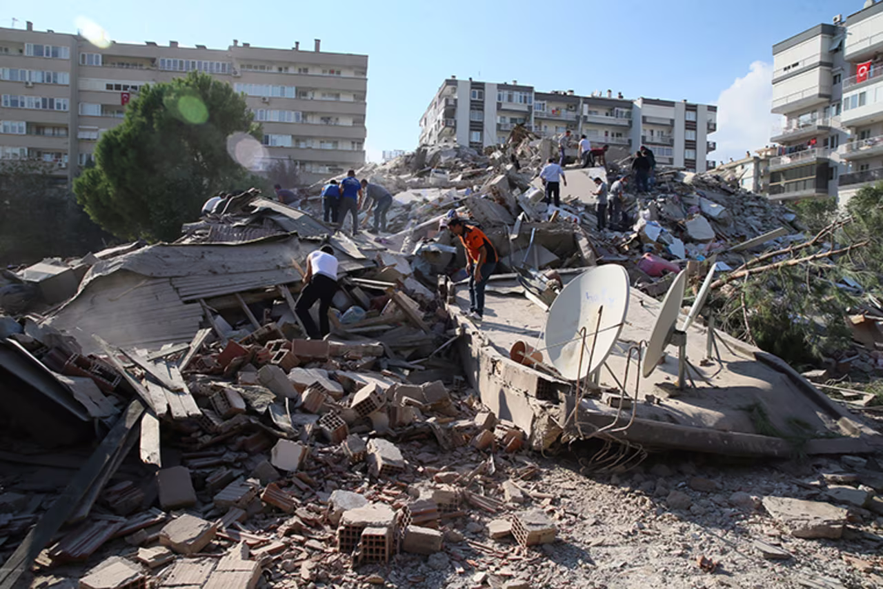 Search and rescue work is being conducted at a building in the Bayrakli district of Izmir after a 7.0 magnitude earthquake shook Turkey's Aegean Sea coast on October 30, 2020.