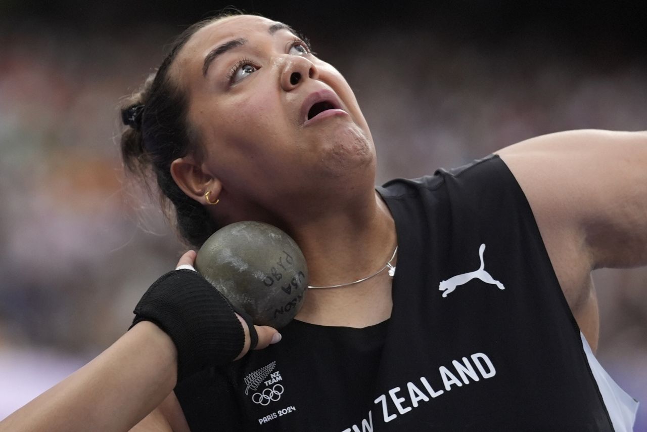 Maddison-Lee Wesch of New Zealand competes in the women's shot put final.