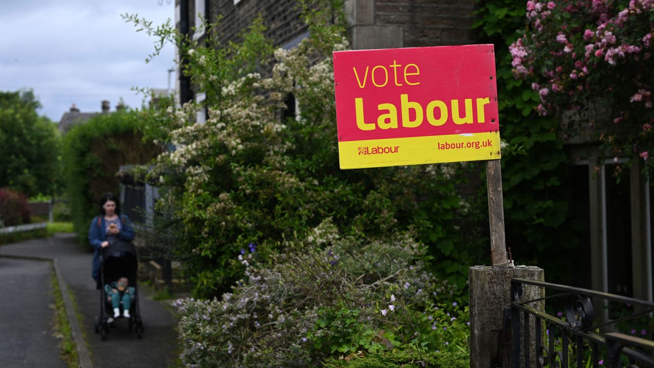 Campaign signage for Britain's Labour party is seen in Guildford, England, on June 14, ahead of the UK general election.