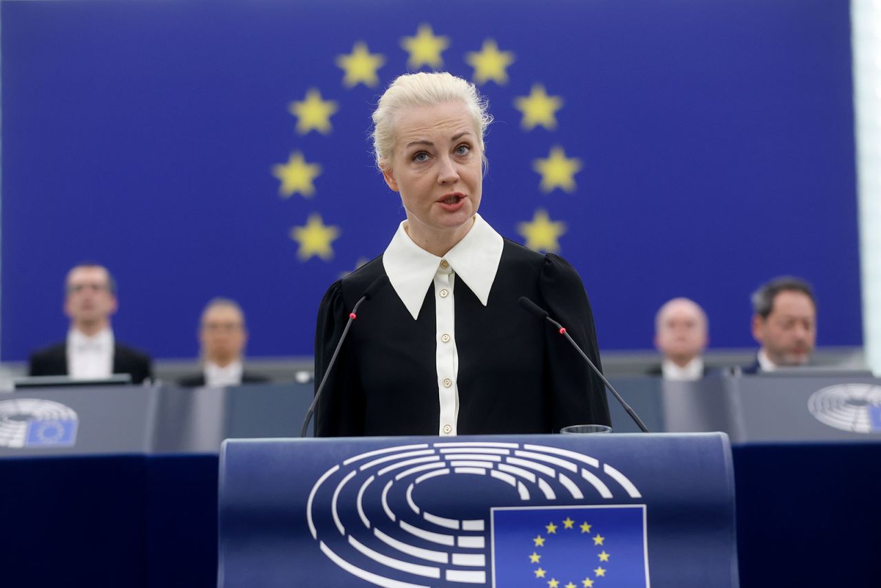 Yulia Navalnaya, widow of Russian opposition leader Alexey Navalny, addresses the European Union's parliament on Wednesday February 28, in Strasbourg, France. 