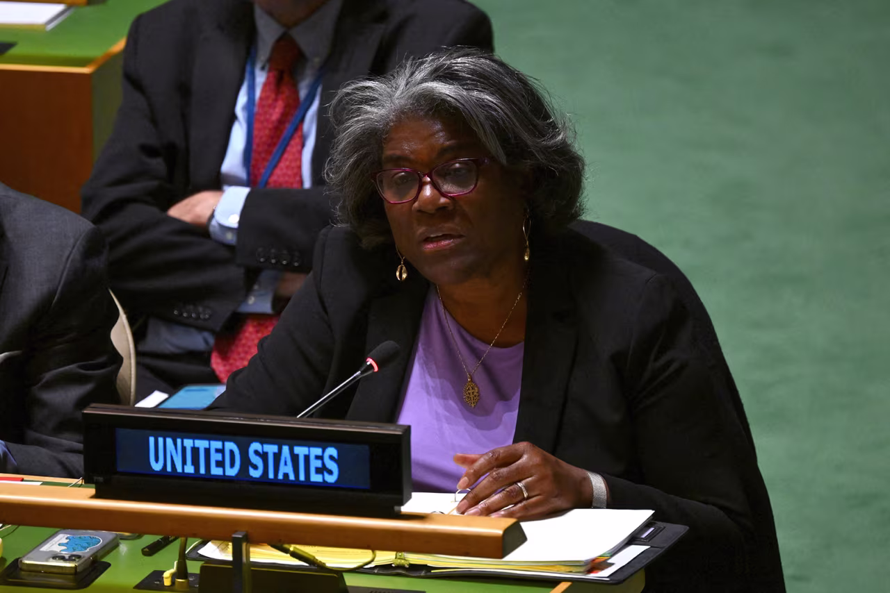 Linda Thomas-Greenfield speaks during a General Assembly meeting at UN headquarters in New York on December 12.