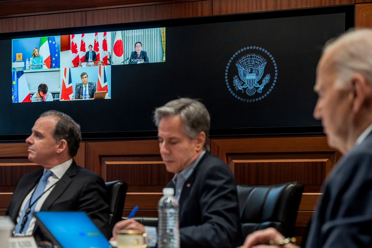 US President Joe Biden, right, meets with G7 leaders, in this photo shared by The White House on Sunday, April 14. 