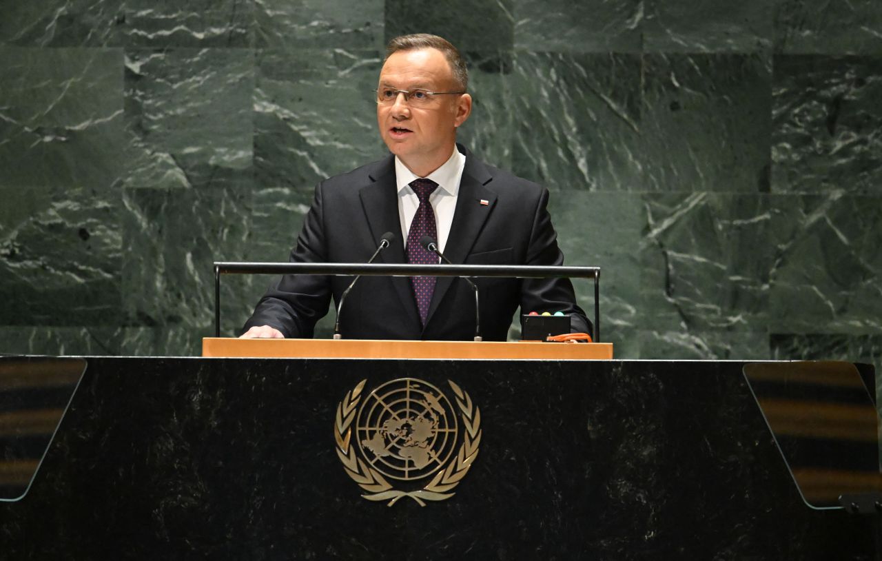 Andrzej Duda addresses the United Nations General Assembly at UN headquarters in New York City, on September 19.