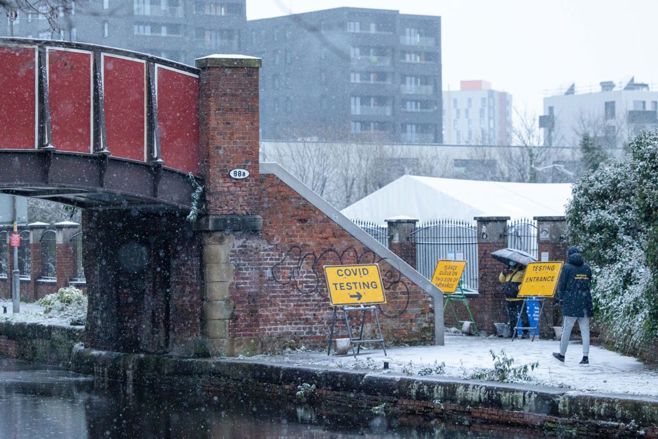 A Covid-19 testing site continues to operate in Manchester as snow hits the UK on December 29.