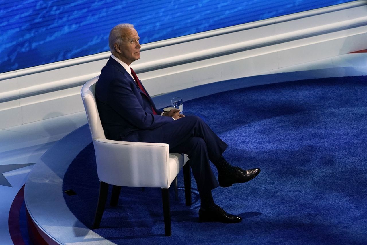 Democratic presidential candidate former Vice President Joe Biden looks up as he participates in a town hall with moderator ABC News anchor George Stephanopoulos at the National Constitution Center in Philadelphia on Thursday.