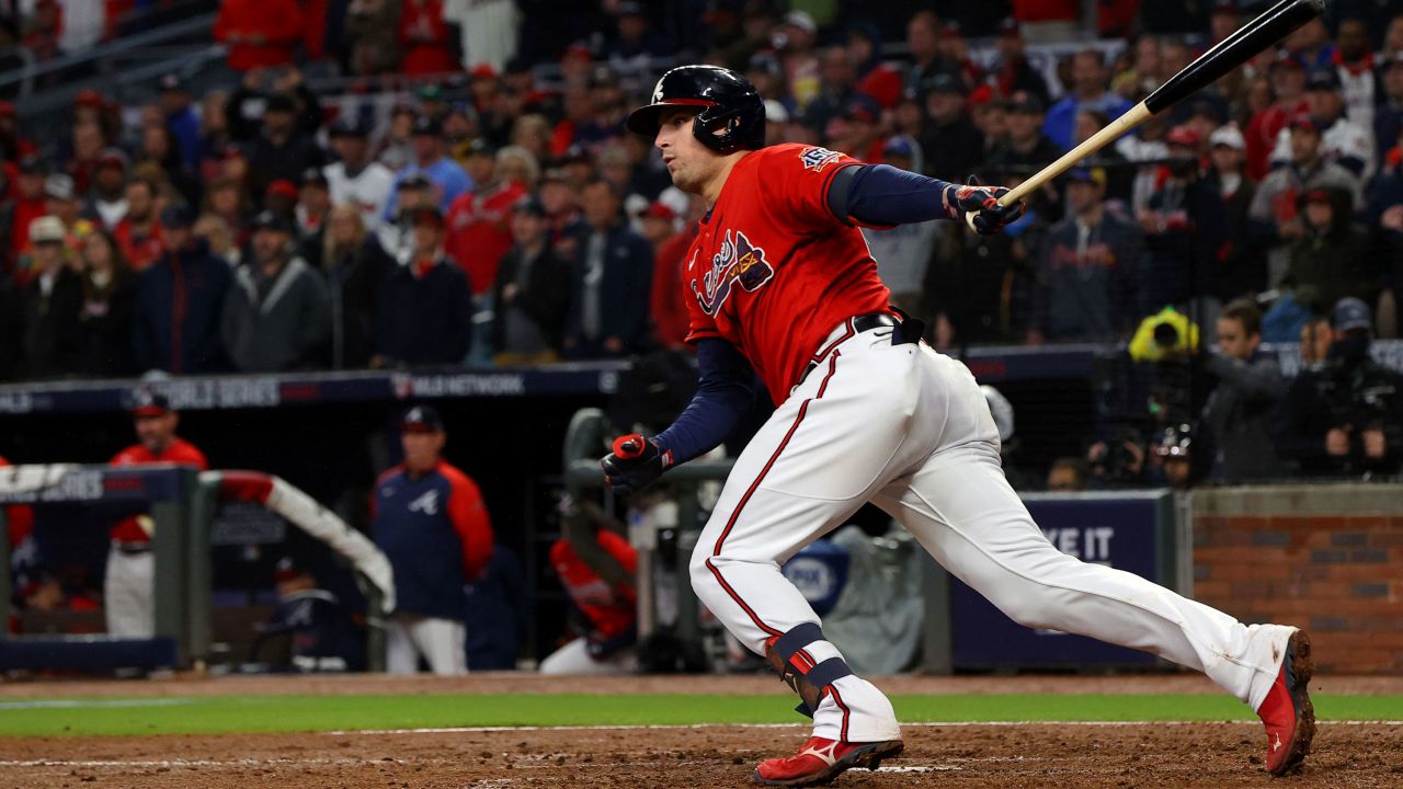 Austin Riley of the Atlanta Braves hits an RBI double against the Houston Astros during the third inning.